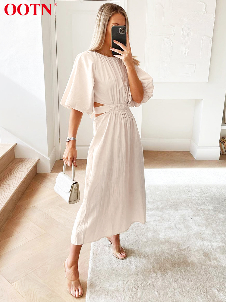 

OOTN Sexy Hollow Out Long Dress Summer Women Puff Sleeve High Waist Lace Up O Neck Solid A Line Midi Dresses Cotton Robe 220613, Orange