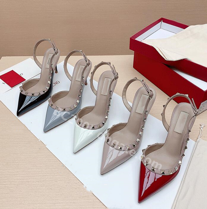 

Luxury Women Sandals 10cm High Heel Rivets Shoes Real V Logo Fashion Black Red Ladies Shoes Genuine Leather Sandals Big size 43, 13