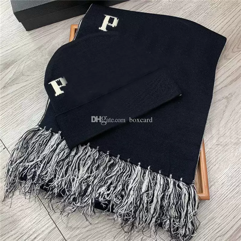 

Classic Winter Warm Scarf Hat 2 Piece Set Long Tassel Knitted Beanie Women Men Skull Caps Scarves