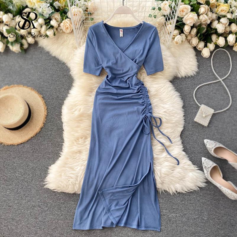 

Singreiny Drawstring Ruched Women Dress Summer Slim Short Sleeve V Neck Sexy Split Party Korean Streetwear Midi, Blue