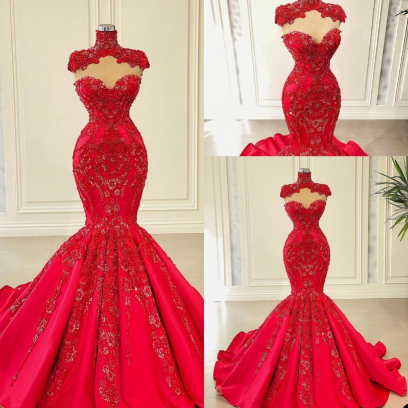 

Red Mermaid Prom Dress 2022 Embroidery Lace Appliques Strapless Beads Evening Dresses Birthday Party Special Occasion Gowns robe de soiree vestidos, White