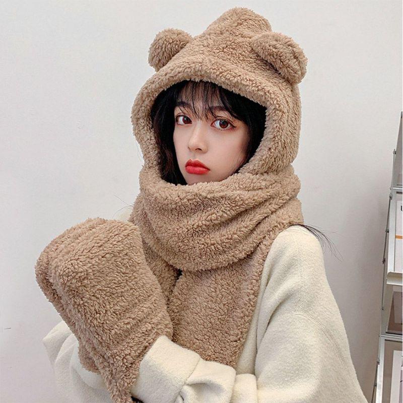 

Bandanas Winter Women Novelty Caps Cute Bear Ear Hat Scarf Gloves Set Warm Plush Fur Hood Mitten Lady Earflap Long