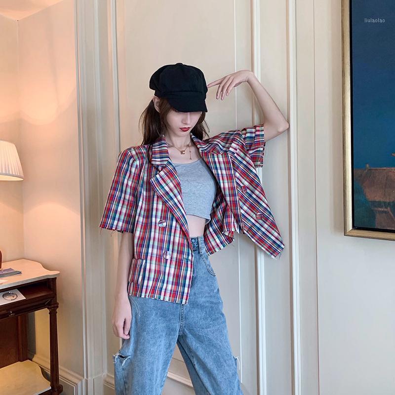 

Women's Blouses & Shirts Streetwear Modis Vintage Loose Notched Neck Short Sleeved Shirt Tops Summer 2022 Korean Wild Hit Color Plaid Blouse, Photo color