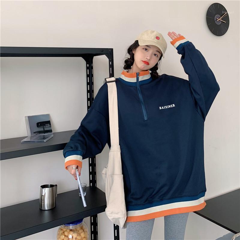 

Women's Hoodies & Sweatshirts Women Zip Up Stand Collar Letters Pullovers Korean Style Trendy Casual BF Harajuku Womens Daily Tops, Navy blue