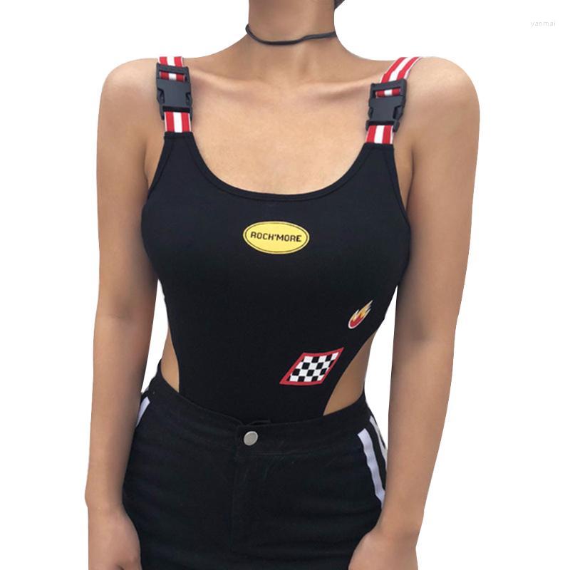 

Women's Tanks & Camis Women Flame Plaid Patchwork Adjustable Strap Buckle Jumpsuit High Cut BodysuitWomen's