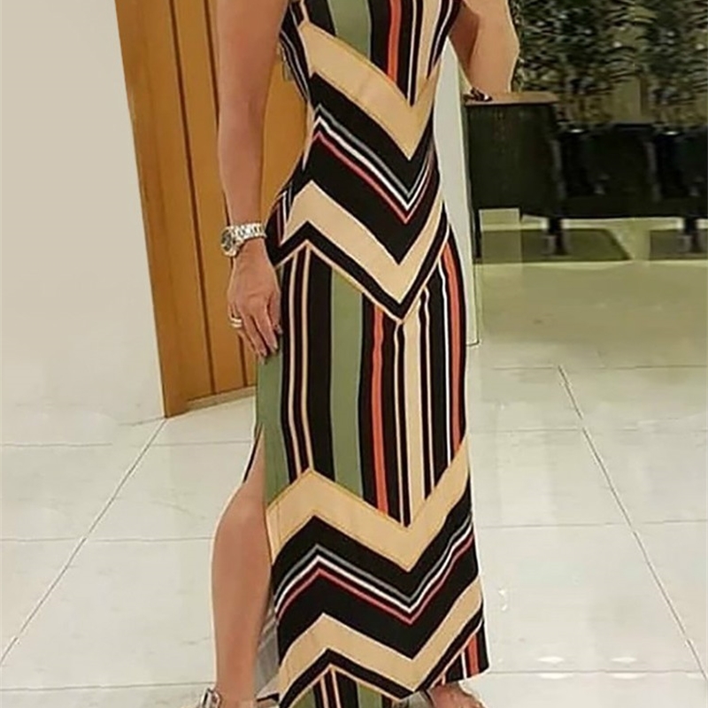 Robe longue fendue sur le côté à imprimé rayé coloré Femmes Colorblock sans manches Robes longues minces 220521