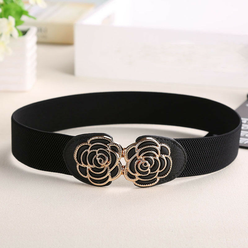 

Elegant Women Ladies Fashion Elastic Cinch Belt Unique Flower Design Casual Wide Stretch Waist Band Buckle Chest Hip Waistband, Black