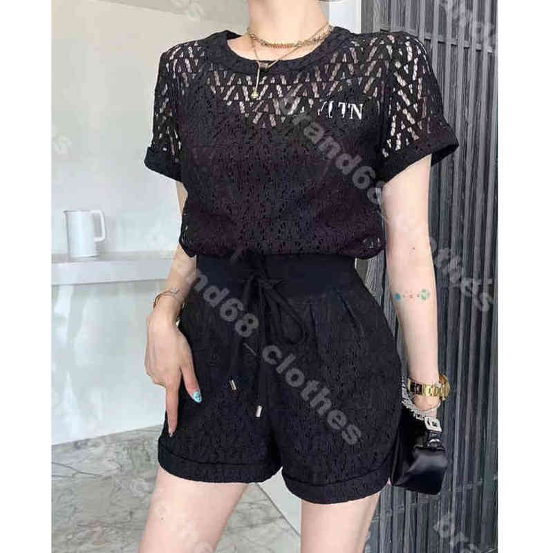 

Designer women lace cutout shirts three piece pants simple solid color shirt short vest suit short sleeves sexy silk slip vests set logo val..ino female Apparel a1