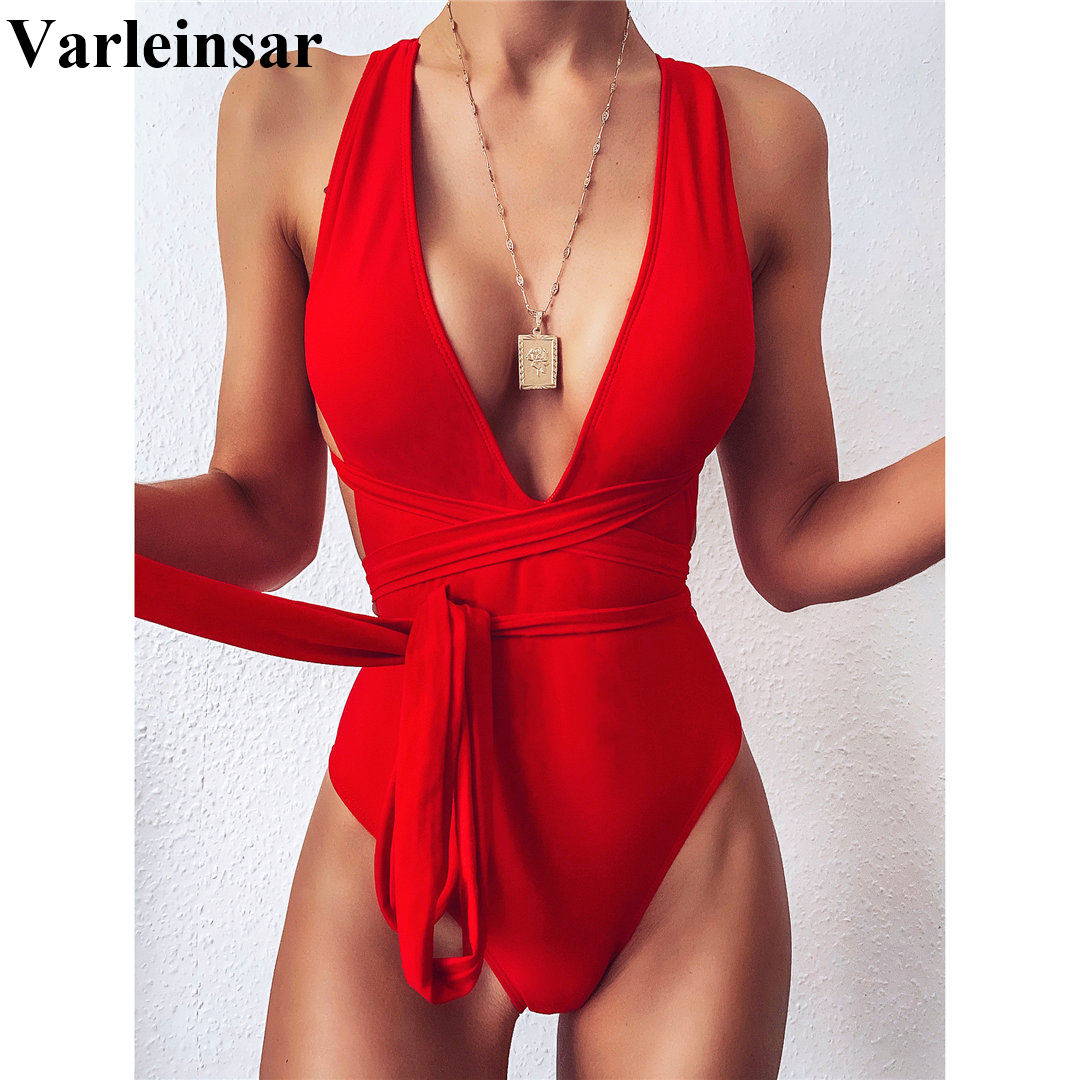 

New Sexy Wrap Around Women Swimwear One Piece Swimsuit Female Bather 2022 Deep V Neck Bathing Suit Swim Backless Monokini V1639R, Red
