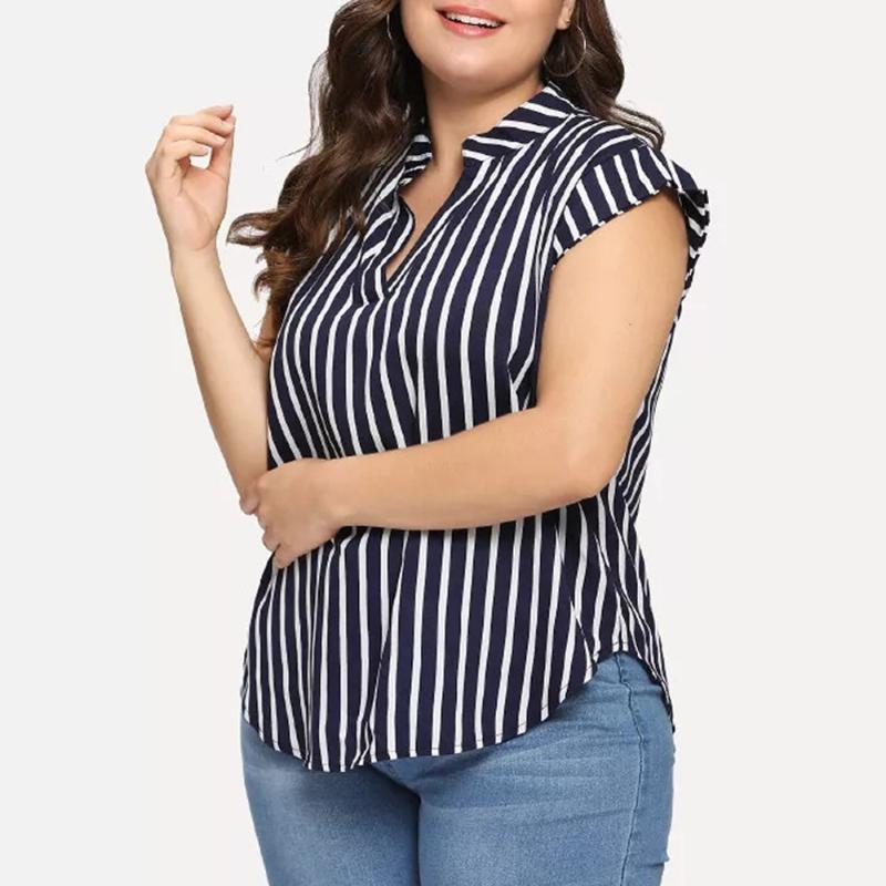 

Women's Blouses & Shirts Plus Size Womens Casual V-Neck Stripe Print Tops Sleeveless T Shirt Tee Blouse, Navy blue