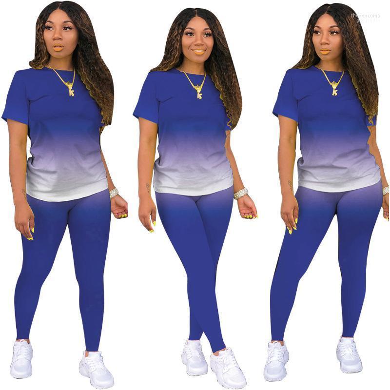 

Women' Tracksuits 2022 Female Summer Printing Gradient Fashion Casual Two-piece Set Top Pants
