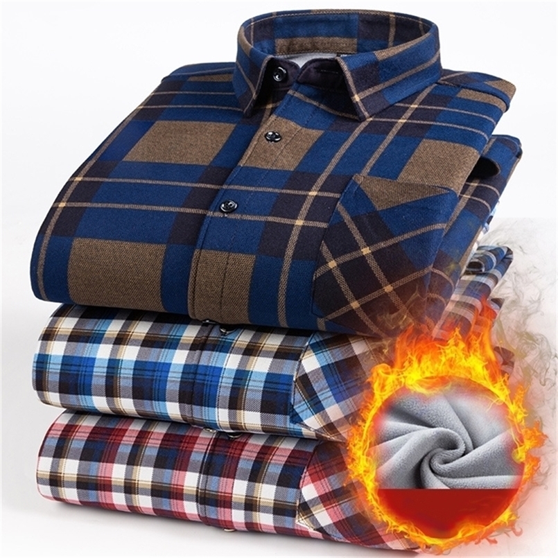 

Winter Men's Plus Size Warm Shirt Plaid Business Casual Brushed Plus Velvet Thick Shirt Middle-aged Fashion All-match Loose Top 220401, 22-1
