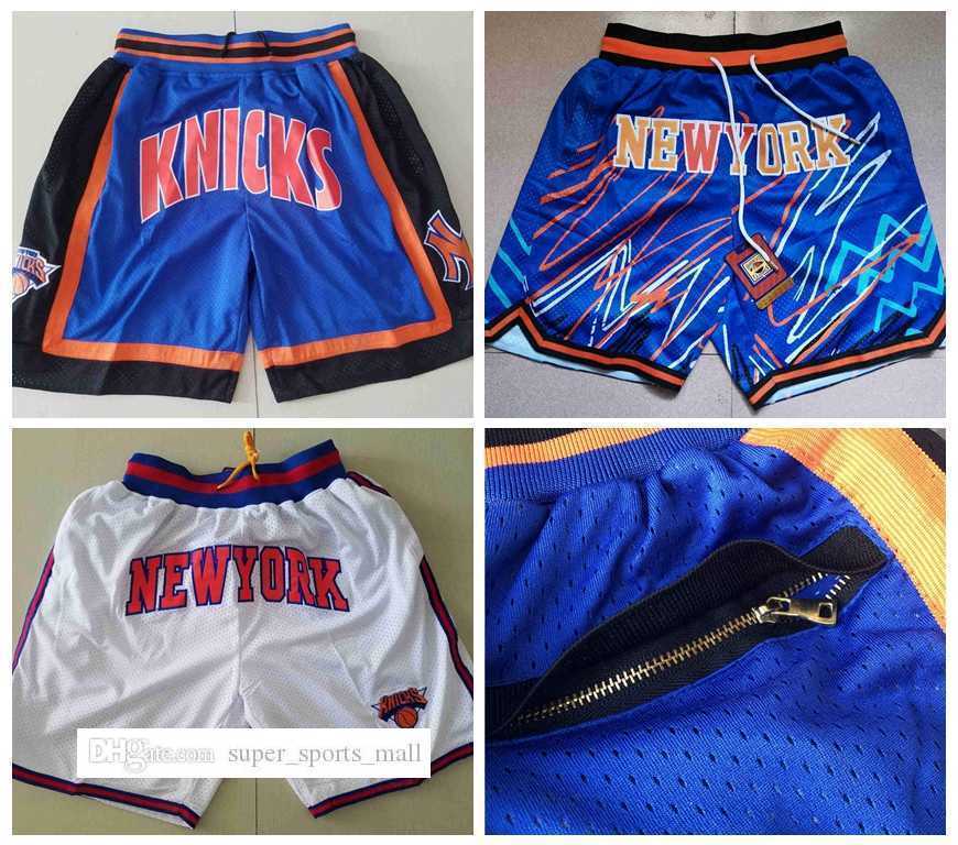 

New Stitched York''Knicks''Mens Basketball Shorts JUST DON Mitchell and Ness With Pocket Zipper Sweatpants Mesh Retro Sport PANTS -2XL