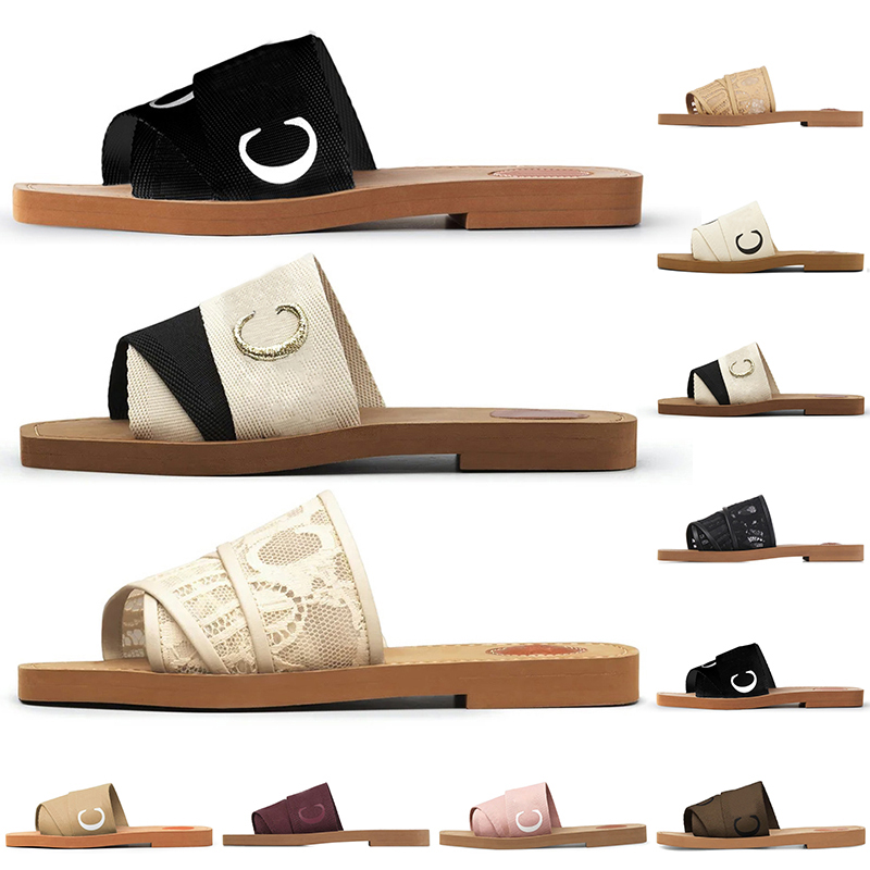 

2022 Women Fashion Sandals Woody Mules Flat Slippers Designer Slides Thick Heeled Espadrilles Canvas Lace Rubber Woven Peep Toe Lady Party Sexy Sandal 35-42, B19