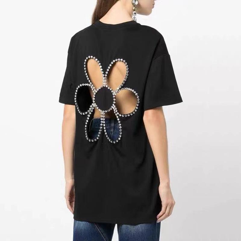 

Women' T-Shirt Plain Casual Fashion Streetwear Back Cut Hollow Out Diamonds Sun Flower Women Tees Lady T Shirts Tops 2022 SummerWomen, White