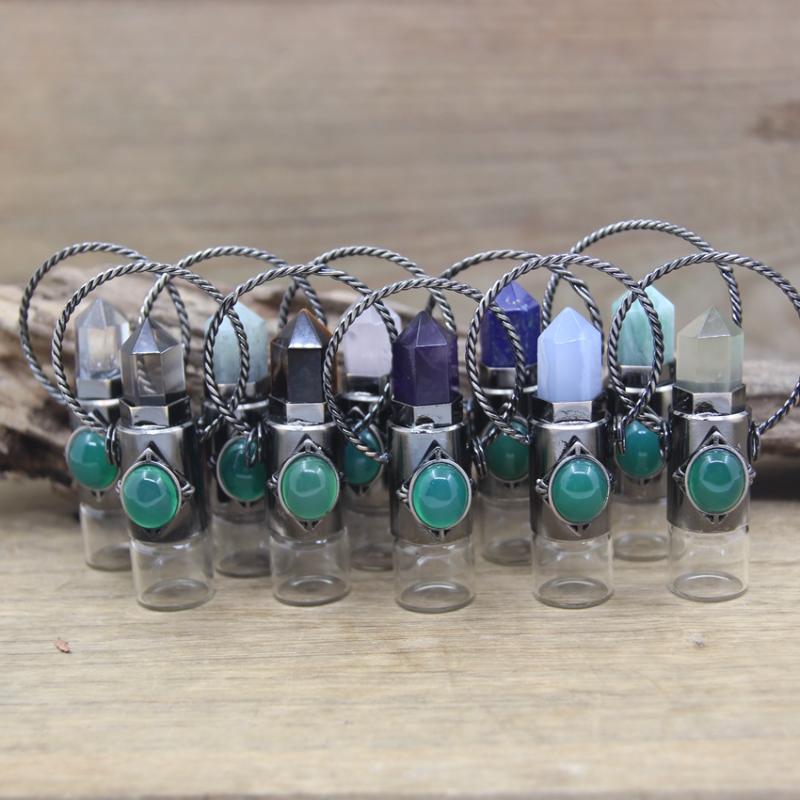 

Pendant Necklaces Natural Crystal Essential Oil Roller Vial Gunmetal Gems Point Perfume Bottle Charm Jewelry QC1028PendantPendant