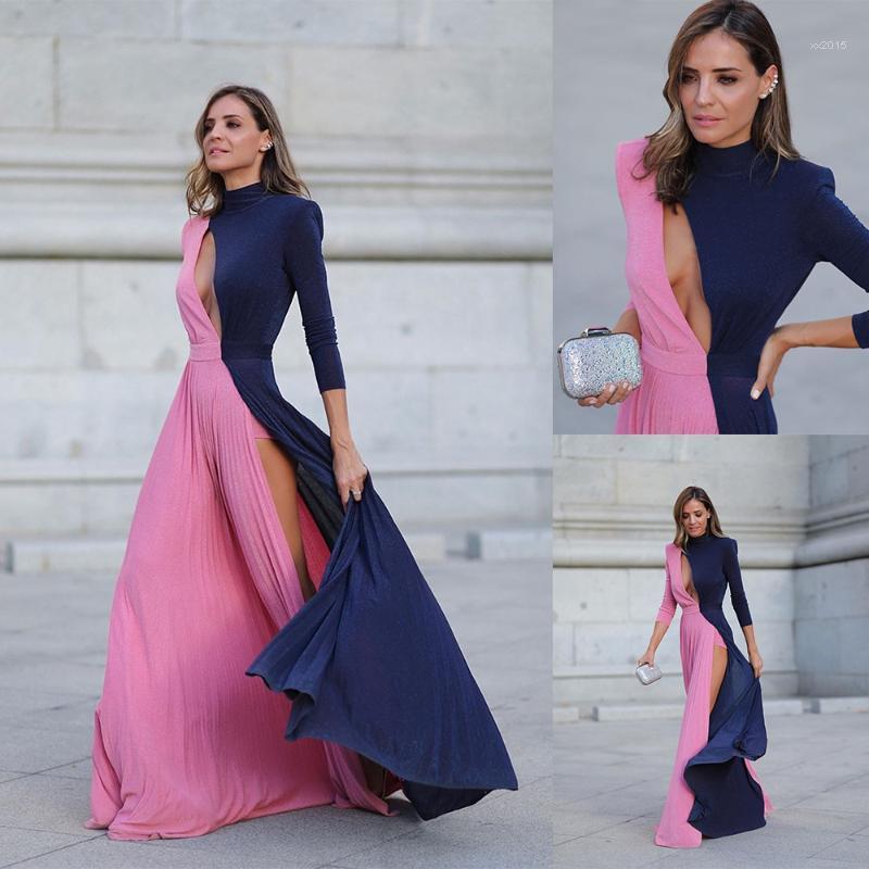 

Runway Dresses Dark Blue And Pink Stitching Color Long Sleeves Nightgowns Robes Night Robe Split Graceful Sleepwear Custom Made Evening Dres, Gold