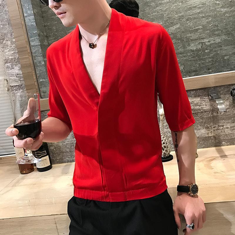 

Men's Dress Shirts Solid Party Shirt Deep V Collar Sexy Men Slim Fit Half Sleeve Korean Fashion Clothing Hawaiian 5XLMen's Vere22, Black party shirt