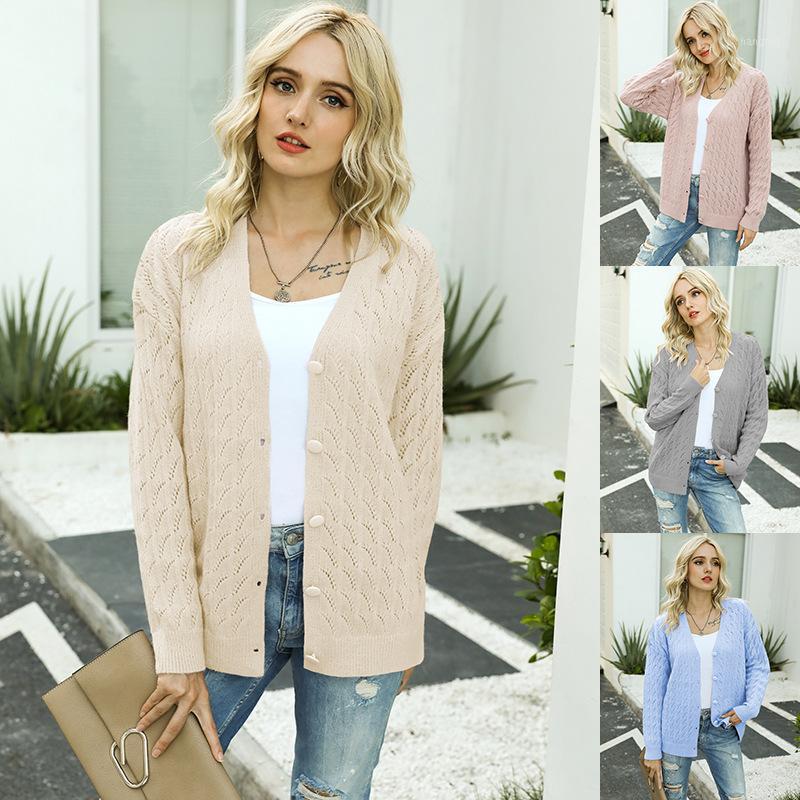 

Women Knitted Cashmere Cardigan Autumn Winter V-Neck Hollow Out Sweet Female Coat Casual Loose Solid Single-Breasted Jacket Tops, Grey