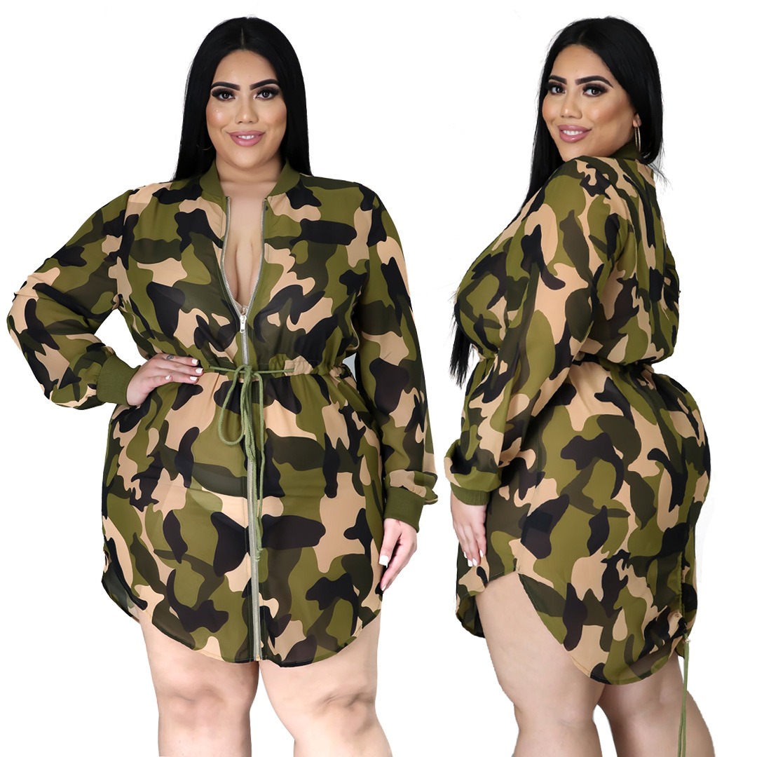 

Plus Camo Print Curved Hem Belted Chiffon Shirt Dress W6Ce#, Multicolor