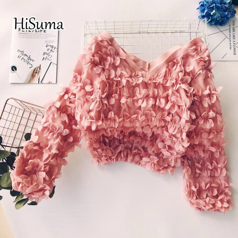 

Autumn Female Stereo Flower V-neck Long Sleeve Slim Chiffon Shirt Women's Lantern Petal Blouse Women Shirts Top Blouses &, Pink