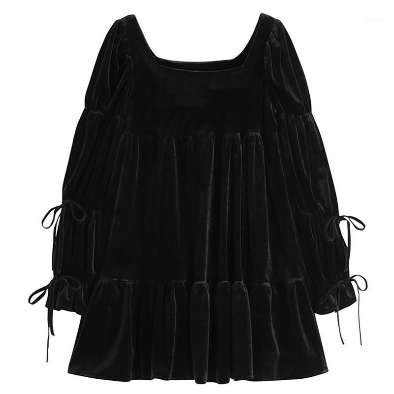 

Casual Dresses Women Vintage Velvet Bandage Pleated Black Dress Square Collar Long Sleeve Loose Fashion Spring Autumn 2022 C963