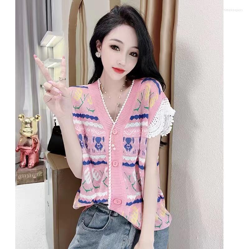 

Women' Knits & Tees Vintage Print Silk Knit Cardigan Short Tops Women V Neck Single-Breasted Stitching Color Loose Thin Sweater Top FemmeWo, Picture color