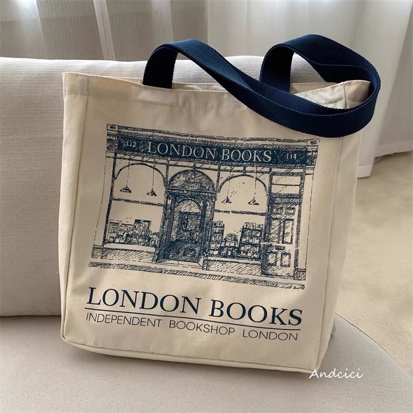 

Women Canvas Shoulder Bag London Books Print Ladies Casual Handbag Tote Bag Reusable Large Capacity Cotton Shopping Beach Bag 220627, Navy blue
