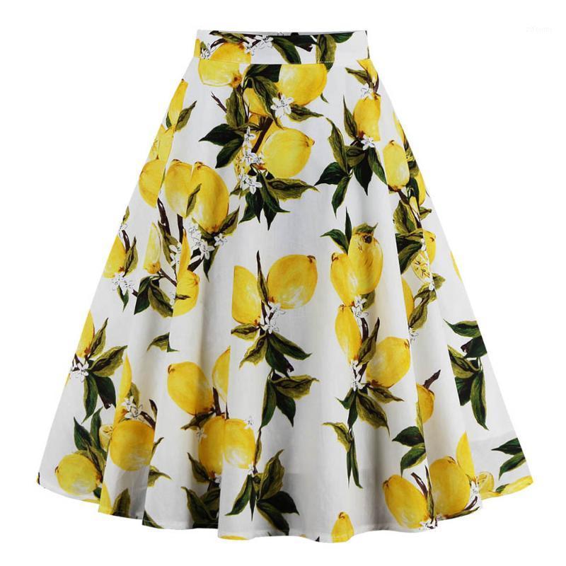 

Skirts Women Cotton Print Yellow Lemon Printed High Waist 50s Swing Midi Female School Summer Skirt, White lemon
