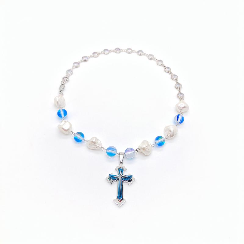 

Pendant Necklaces Special Shaped Pearl Splicing Row Drill Stainless Steel Cross Necklace For Men And Women's Personality Hip Hop Couple