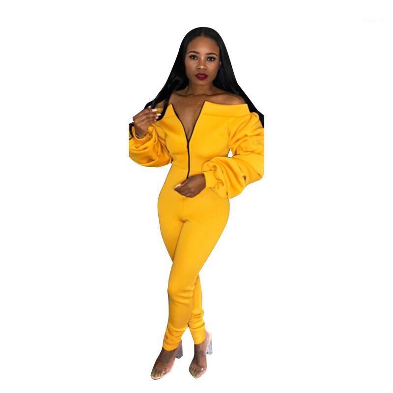 Women's Jumpsuits & Rompers Womens Jumpsuit Yellow Sexy Off Shoulder Overalls Club Party Zipper Fall Solid