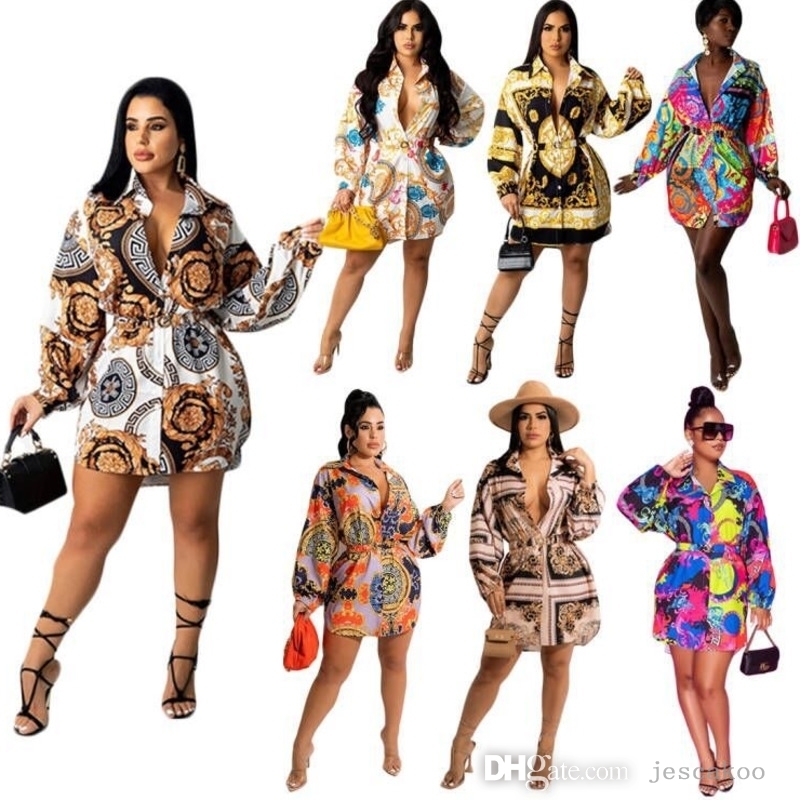 

Sexy Womens Dresses 2022 Fashion Spring Autumn Casual Clothing Printed Shirt Dress With Belt Long Sleeves Shirt, #1