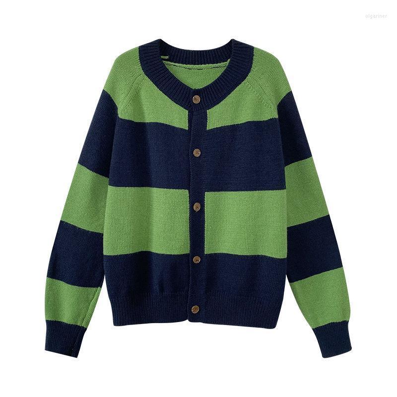

Women's Knits & Tees Korean Version Round Neck Knitted Cardigan Top Retro Contrast Color Striped Short Women Sweater Jacket TrendWomen's Olg, Pictures color