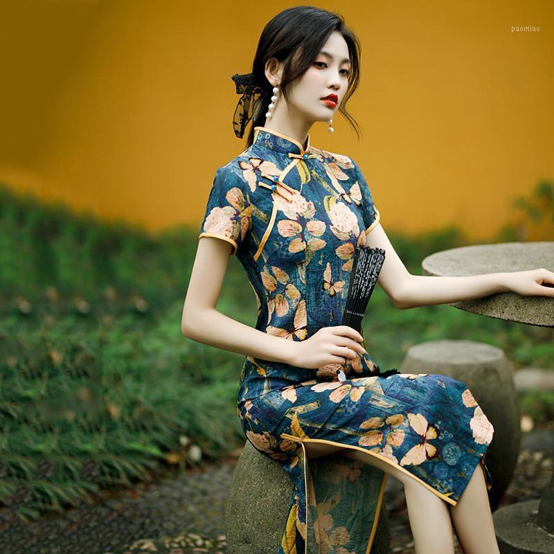 

Ethnic Clothing Chinese Vintage Style Cheongsam Summer Fashion Butterfly Floral Printing Slim Thin Sexy Dresses Party Elegant Qipao
