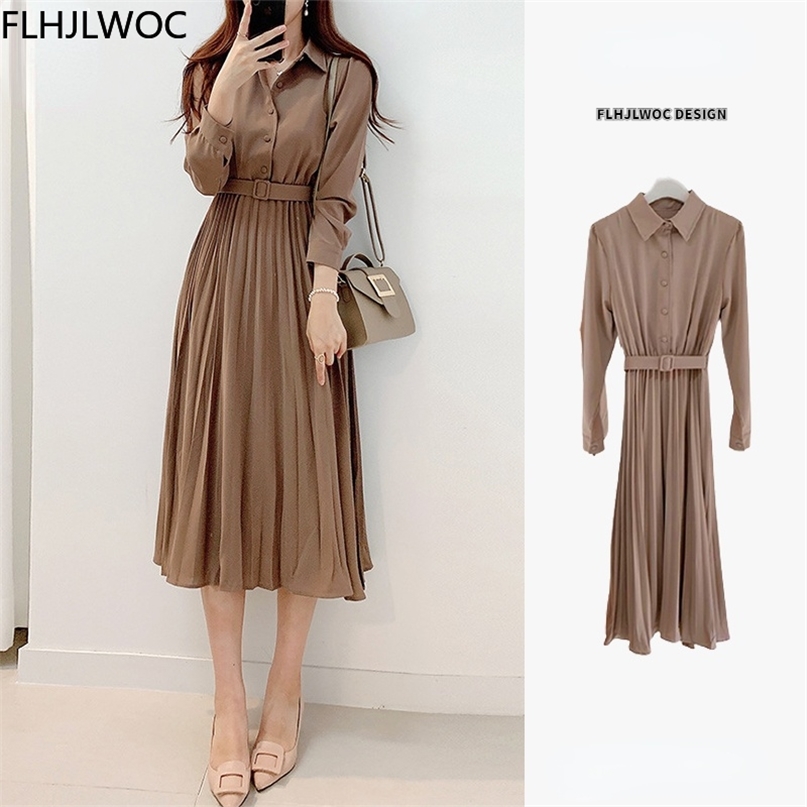 

Design Japan Style Women Chic Korea Basic Wear Casual Robe Solid Cotton Blend Vintage Long Maxi Shirt Dress Belt Vestidos 220613, Coffee