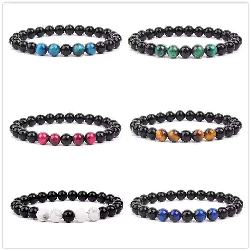 8MM diverses perles de pierre naturelle oeil de tigre brins Bracelets noir Obsidan lave roche Onyx Bracelet Couple Bracelets