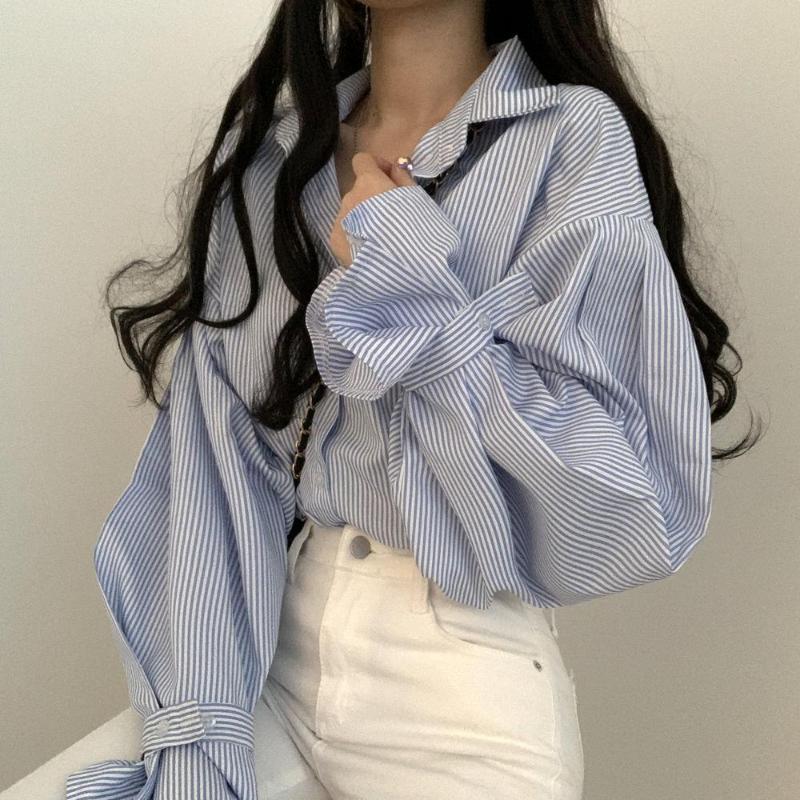 

Women's Blouses & Shirts 2022 Spring Autumn Women Striped Loose Oversized Puff Sleeve Female Tops BF Korean Style Blusas, Blue