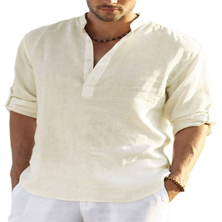 

Mens T-Shirt Linen Cotton Shirts Button Up Beach Tops Casual Short Sleeve Lightweight Plain Tees, Khaki