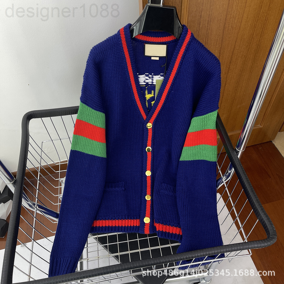 

Women's Sweaters designer [Correct version]G family color matching V-neck cardigan 100th anniversary series knitted stripe Top Men's and women's coat XSS5, 2# packing bag
