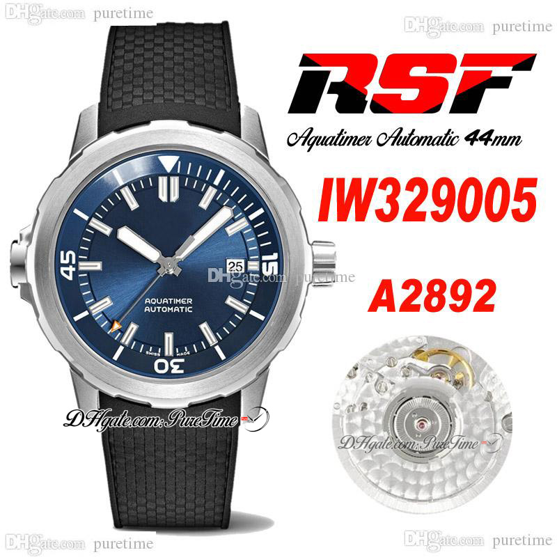 

RSF Aquatimer IW3290 A2892 Automatic Mens Watch 44mm Steel Case Blue Dial Stick Markers Black Rubber Strap Super Edition Puretime B2