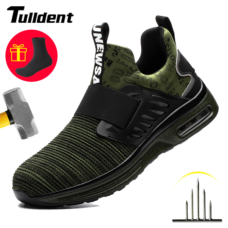 

Men Work Safety Shoes Steel Toe Anti-Smashing Wear roof Soft Light Comfortable Indestructible Protective Boots Sneaker Elastic, Abl70 green