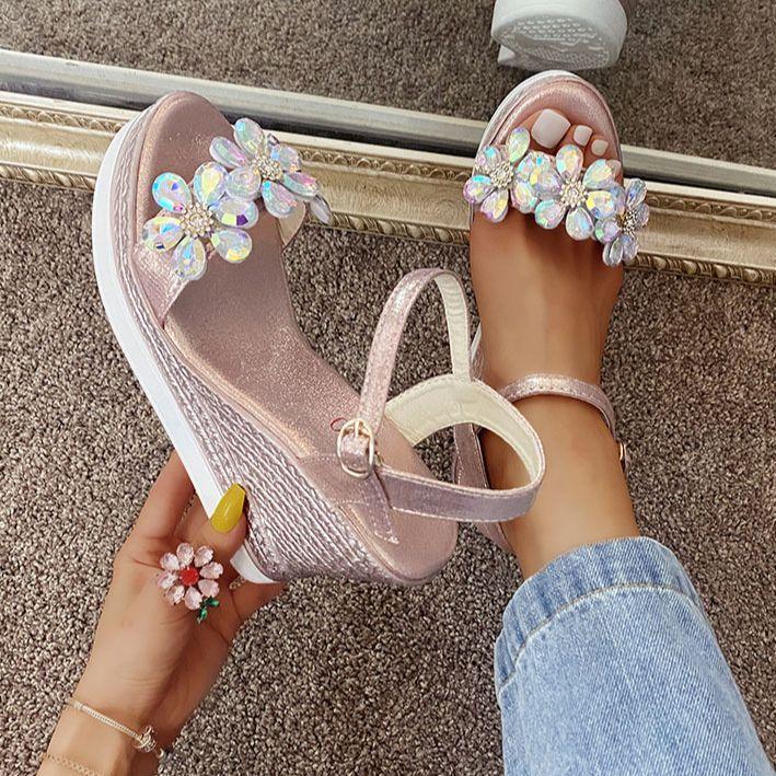 

Sandals Female Ankle Strap Buckle Rhinestone Crystal 2022 Summer Women Round Toe High Heels Fashion Ladies Wedges Shoes GoldSandals, Silver