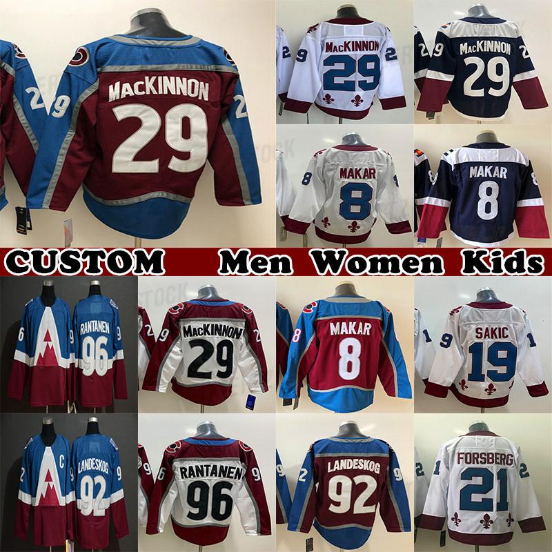 

29 Nathan MacKinnon Jersey 8 Cale Makar 96 Mikko Rantanen 92 Gabriel Landeskog 91 Nazem Kadri Custom Mens Womens Youth Any Name Any Number hockey jerseys, Navy blue youth(kids)