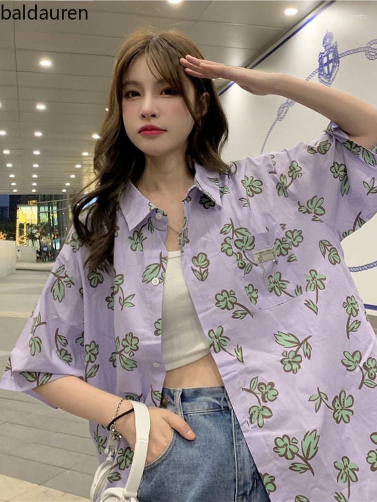 

Women's Blouses & Shirts Flower Printed Shirt Loose Korean Ins Vintage Blouse Turn Down Collar Short Sleeve Casual Blusas Harajuku Aesthetic, Lavender