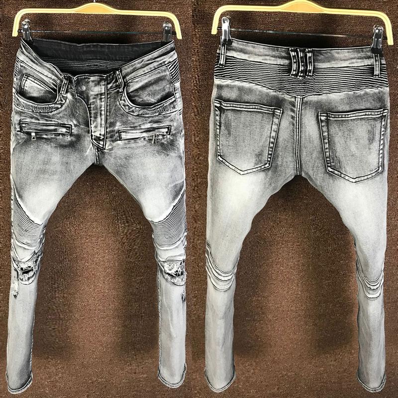 

Men's Jeans High Street Fashion Men Retro Gray Elastic Slim Fit Destroyed Ripped Biker Spliced Designer Hip Hop Denim PantsMen's