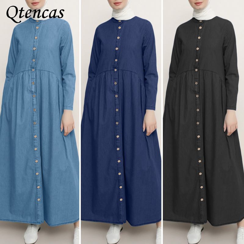 

Pleated Abaya Dubai Denim Muslim Long Maxi Dress Abayas for Women Elegant Arabic Turkish Dresses Islam Clothing Kaftan Sundress