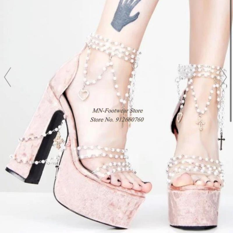 

Sandals Arrivals Women Velvet Chunky Heel Platform Cover Pearl Chain Stars Heart Fringe Bmbellished High HeelsSandals, Pink
