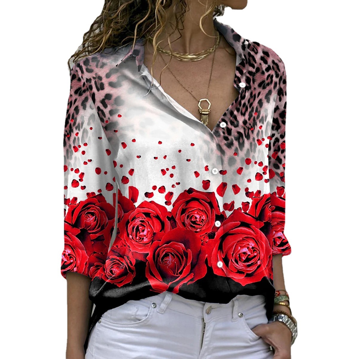 

Women' Blouse Shirt Large Size Leopard Rose Printed Shirts Long Sleeve Turn-Down Collar Button Down Casual Shirts Ladies Tops, Red