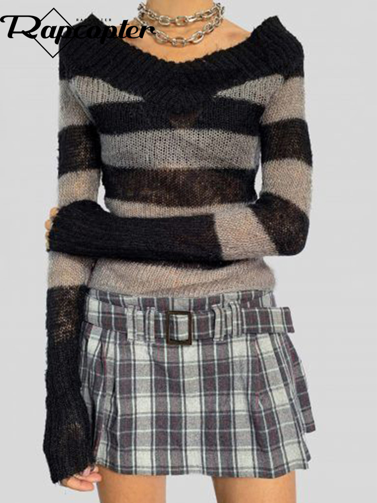 

Rapcopter Y2K Striped Sweaters Vintage Fashion 90s Jumpers Full Sleeve V Neck Pullovers Women Autumn Winter Knitwear Harajuku 220816, Black