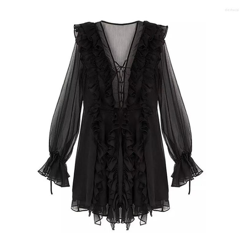 

Casual Dresses VSUE V Neck Black White Beige Ruffle Long Puff Sleeve Lace Up Chiffon Mini Dress Loose Elegant Vocation Beach D0968